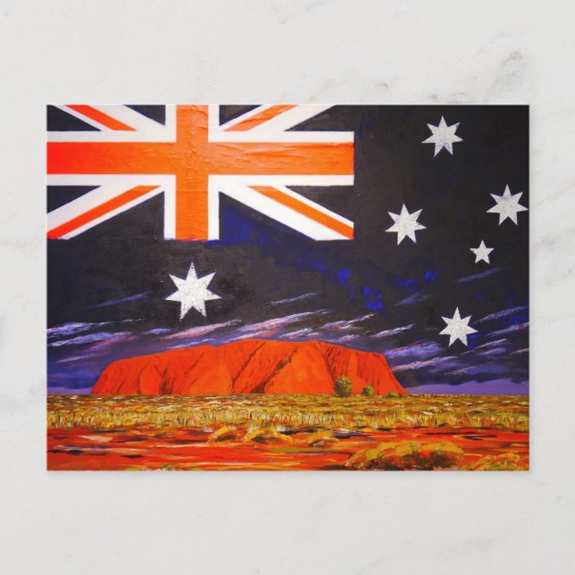 Cartão Postal rocha de Ayers e bandeira australiana (Frente)