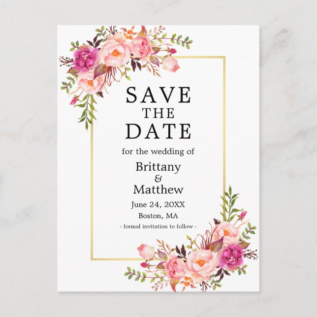 Cartão Postal Rodas Rosa De Água Quadro Dourado Salvar A Data (Frente)