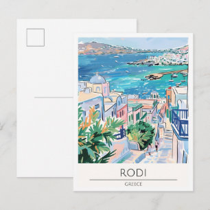 Cartão Postal Rodi Grécia Ilustração de Arte Vintage Viagem