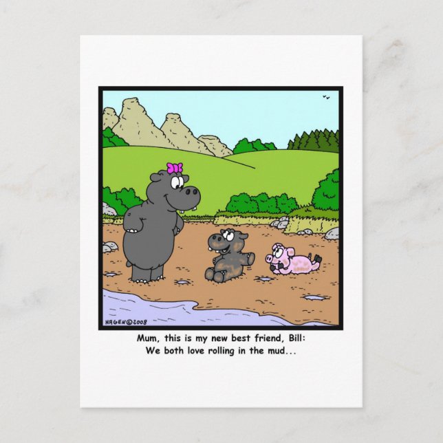 Cartão Postal Rolando na lama: Cartoon Pig e Hippopotamus (Frente)