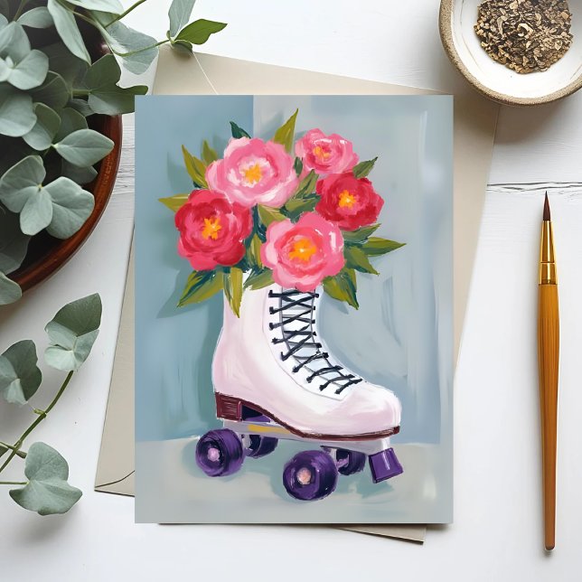Cartão Postal Roller Skates Rosa Bouquet Pintura (Criador carregado)