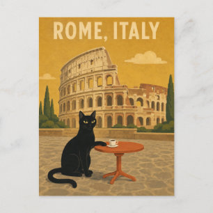 Cartão Postal Roma Itália Gato Preto Coliseu Café Vintage