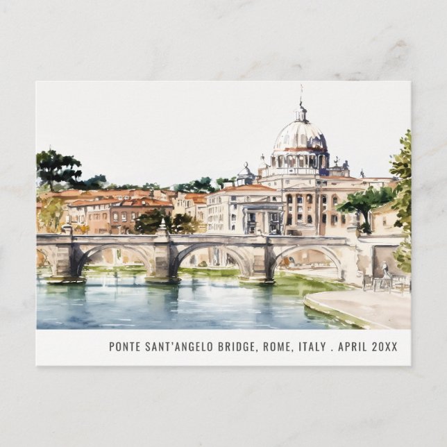 Cartão Postal Roma Itália Rio Tibre Aquarela Viagem Italiana (Frente)