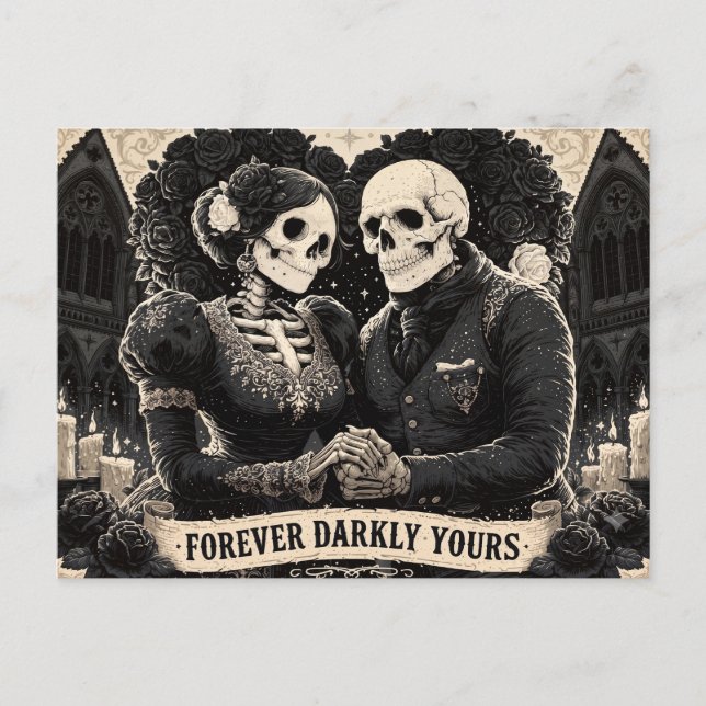 Cartão Postal Romance Gótico de Dois Esqueletos de Mãos Dadas (Frente)