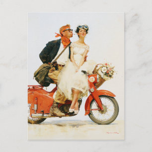 Cartão Postal Romance Vintage em uma Vespa Vermelha