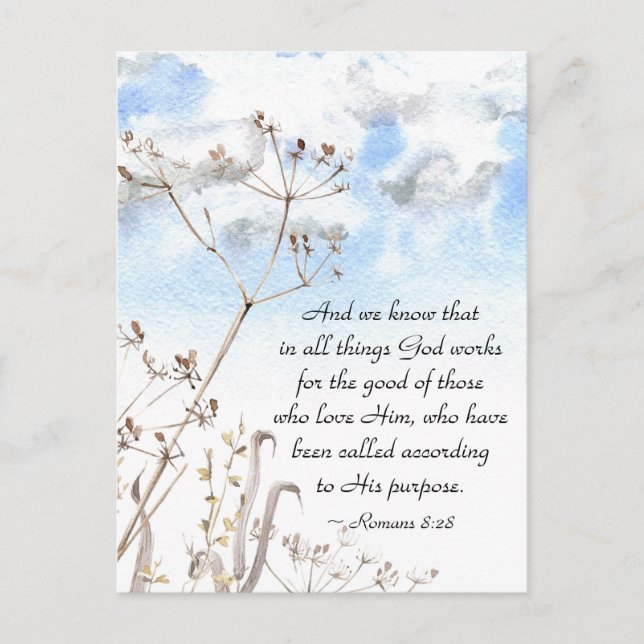 Cartão Postal Romanos 8:28 Tudo que Deus trabalha para o bem (Frente)