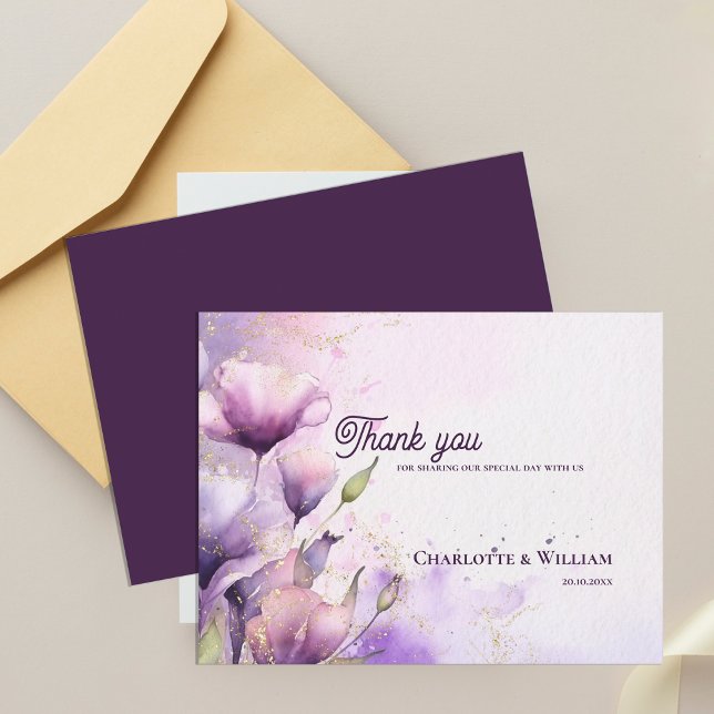 Cartão Postal Romantic Lavender Floral Gold Wedding Thank You (Romantic Lavender Floral Gold Wedding Thank You Postcard)