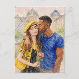 Cartão Postal Romantic Love Paris Man Woman Watercolor Postcard