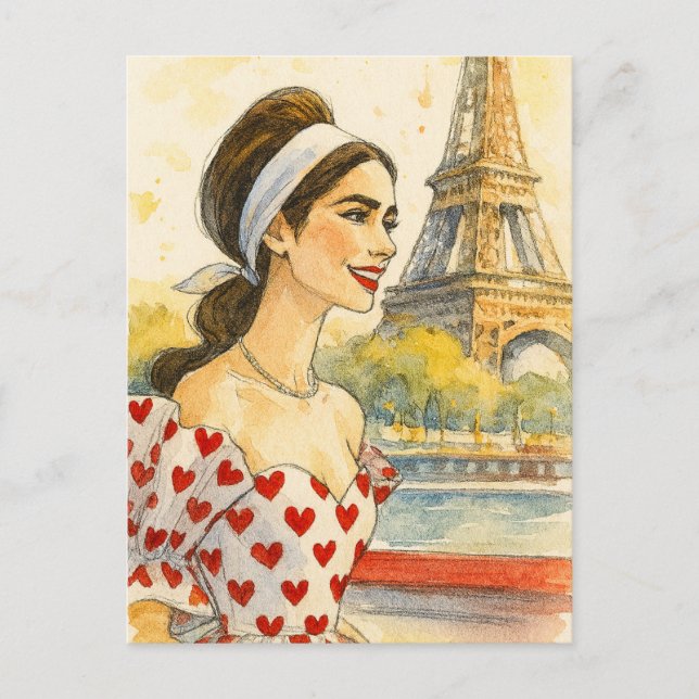 Cartão Postal Romantic Love Paris Man Woman Watercolor Postcard (Frente)