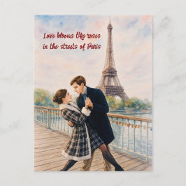 Cartão Postal Romantic Love Paris Man Woman Watercolor Postcard