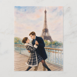 Cartão Postal Romantic Love Paris Man Woman Watercolor Postcard