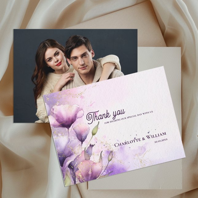 Cartão Postal Romantic Purple Floral Photo Wedding Thank You (Romantic Purple Floral Photo Wedding Thank You Postcard)