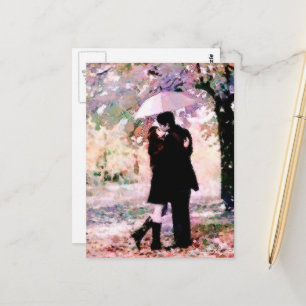Cartão Postal Romântico Rainy Kiss no Park Watercolor