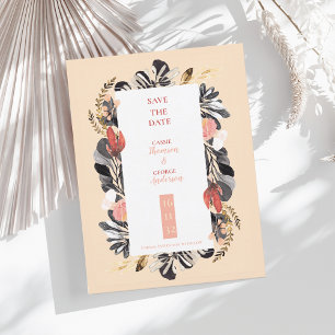 Cartão Postal Romântico Save the Date de Casamento Floral Bege e