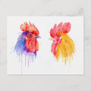 Cartão Postal Rooster de aquarela Retrato dois galos