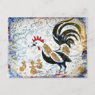 Cartão Postal Rooster Vintage e Pintinhos