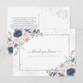 Cartão Postal Rosa Azul Pó Claro Dourado Floral Agradecimento