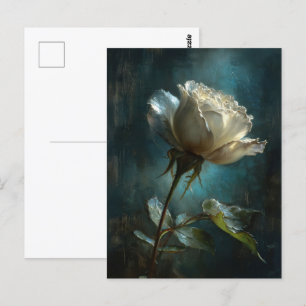 Cartão Postal Rosa Branca em Fundo Pintado com Teal