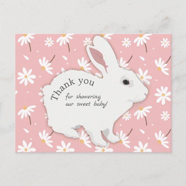 Cartão Postal Rosa cor-de-rosa Chá de fraldas Bunny Obrigado (Frente)