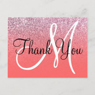 Cartão Postal Rosa Coral Ombre Glitter Monograma Agradecimento