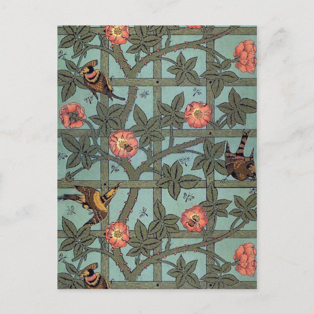 Cartão Postal Rosa de subida e pássaro pequeno, William Morris (Frente)