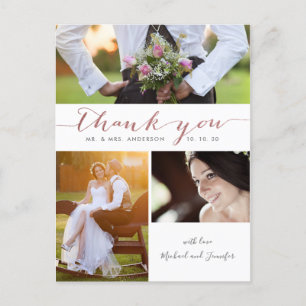 Cartão Postal Rosa Dourado Script Foto Collage Casamento Obrigad