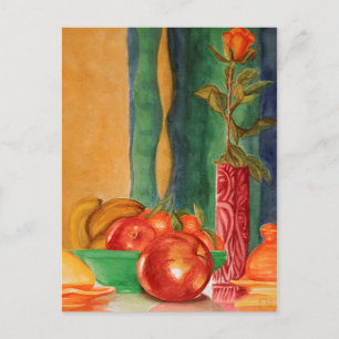 Cartão Postal rosa e frutas, aquarela vitalícia