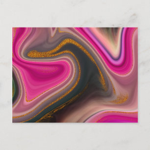 Cartão Postal Rosa e Preto com Redemoinhos de Ouro Abstrato