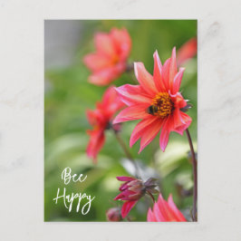 Cartão Postal Rosa e Vermelho Dahlia Abelhas Felizes Flores Wisl