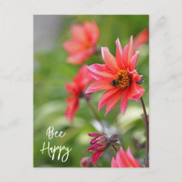 Cartão Postal Rosa e Vermelho Dahlia Abelhas Felizes Flores Wisl
