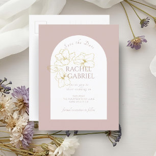 Cartão Postal Rosa Empoeirado   Casamento Floral Dourado Arco Bo