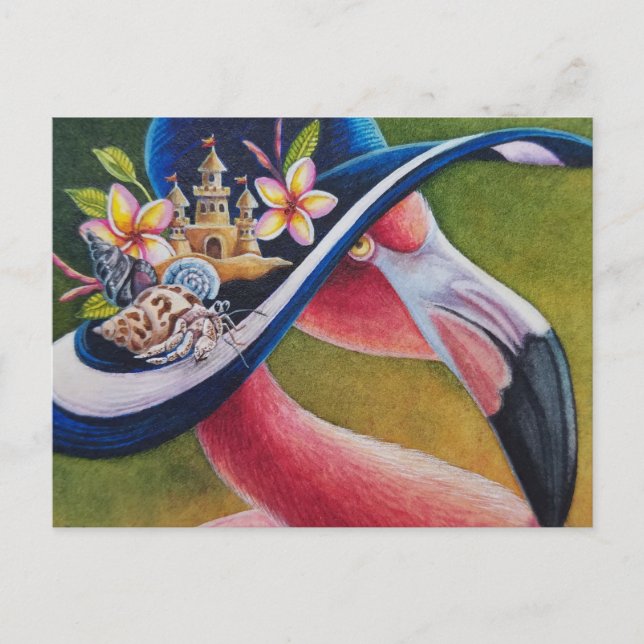 Cartão Postal Rosa Flamingo Sun Hemmit Crab Watercolor Art (Frente)
