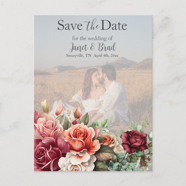 Cartão Postal Rosa Floral Eucalyptus Salvar a Foto da Data (Frente)