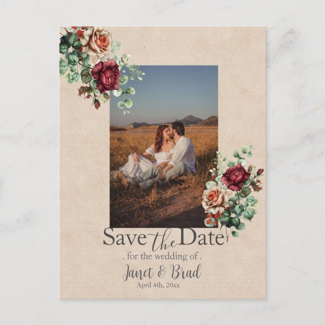 Cartão Postal Rosa Floral Eucalyptus Salvar a Foto da Data (Frente)