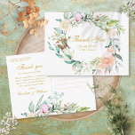Cartão Postal Rosa Floral Garland Dourado Script Obrigado<br><div class="desc">Um cartões de agradecimentos chic com uma elegante garland de rosas florais e tipografia de ouro. O reverso apresenta o seu obrigado, os nomes e os detalhes do endereço de retorno. Perfeito para casamentos, chás de panela, chás de fraldas, batismos, festas de noivado, comemorações de aniversário, graduações e outros eventos...</div>