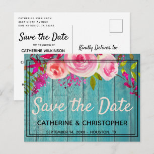 Cartão Postal Rosa Floral Rustic Blue Wood Salve a Data