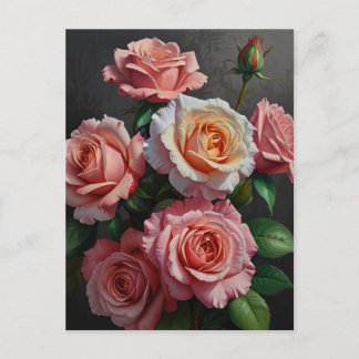 Cartão Postal Rosa flores Pintura a óleo