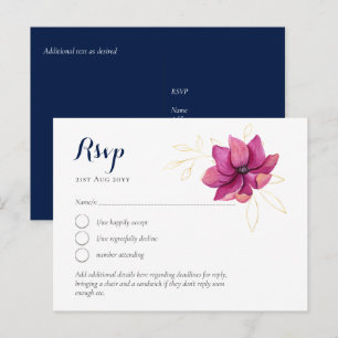 Cartão Postal Rosa Fúcsia Dourado Azul Marinho Casamento RSVP