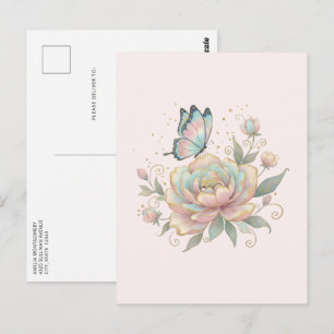Cartão Postal Rosa Mágica e Borboleta Cores Pastel