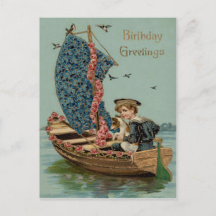 Cartão Postal Rosa Não Me Esqueças Velho Barco de Vela Cachorro