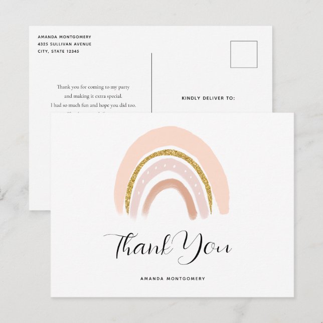 Cartão Postal Rosa Pastel e Arco-íris Boho Glitter Obrigado (Frente/Verso)