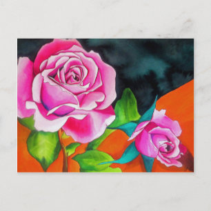 Cartão Postal Rosa rosa com arte de aquarela laranja