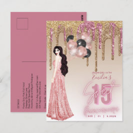 Cartão Postal Rosa rosa rosa Dourada Glitter Quinceanera BrunGir
