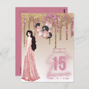 Cartão Postal Rosa rosa rosa Dourada Glitter Quinceanera BrunGir