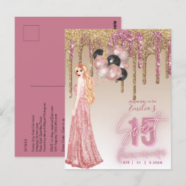 Cartão Postal Rosa Rosa Rosa Rosa Dourada Glitter Quinceanera Re