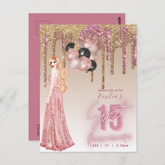 Cartão Postal Rosa Rosa Rosa Rosa Dourada Glitter Quinceanera Re (Frente/Verso)