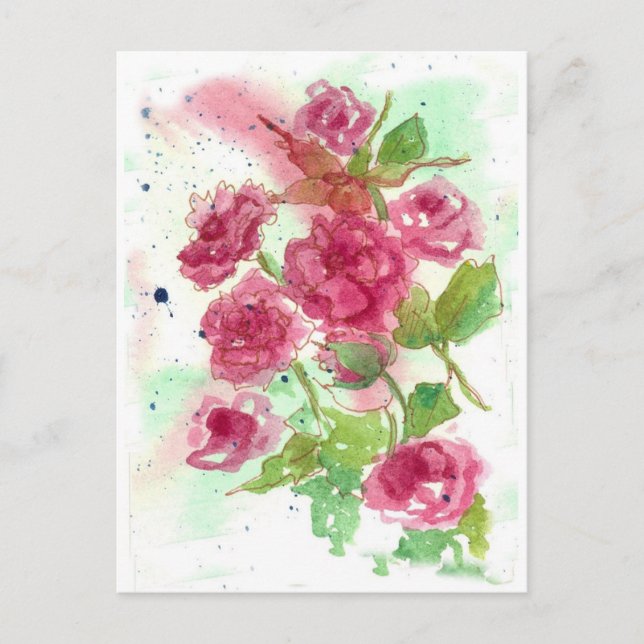 Cartão Postal Rosa Rosa Rosa Rosa Rosa Flor Aquarela Arte Flórid (Frente)