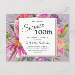 Cartão Postal Rosa Roxo Aquarela Floral 100º Aniversário