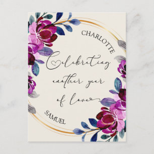 Cartão Postal Rosa Roxo Floral Celebrar Amor Aniversário