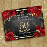 Cartão Postal Rosa vermelha 50º Aniversário Salvar a Data<br><div class="desc">Rosas vermelhas,  folhas falsas de folha de ouro,  pequenas borboletas vermelhas e douradas. Design floral elegante para qualquer comemoração de aniversário de qualquer ano.Fácil de personalizar com modelo. Ótimo. Salve o modelo de aniversário.</div>